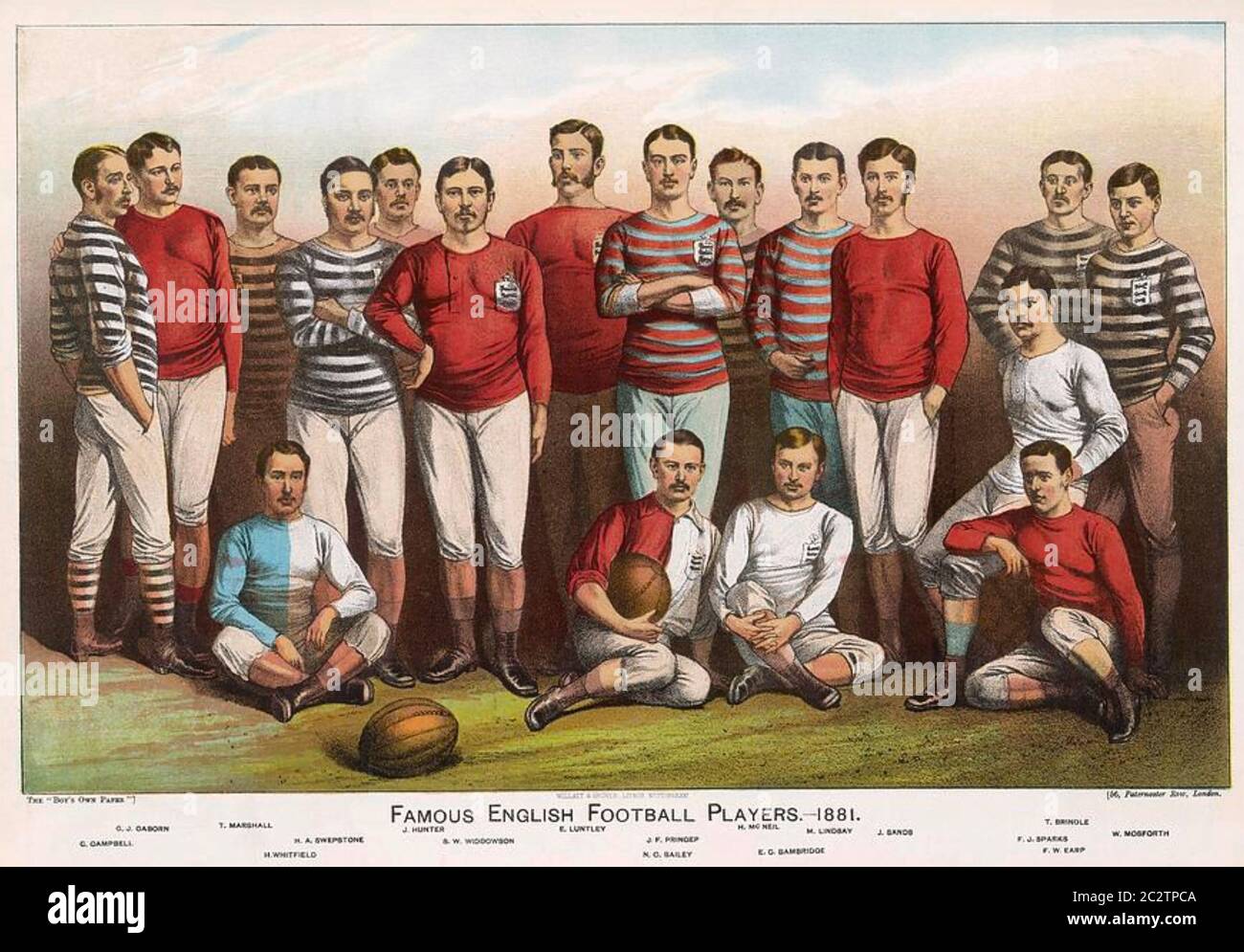 FAMOUS ENGLISH FOOTBALL PLAYERS in an 1881 illustration from the Boys Own Paper Stock Photo