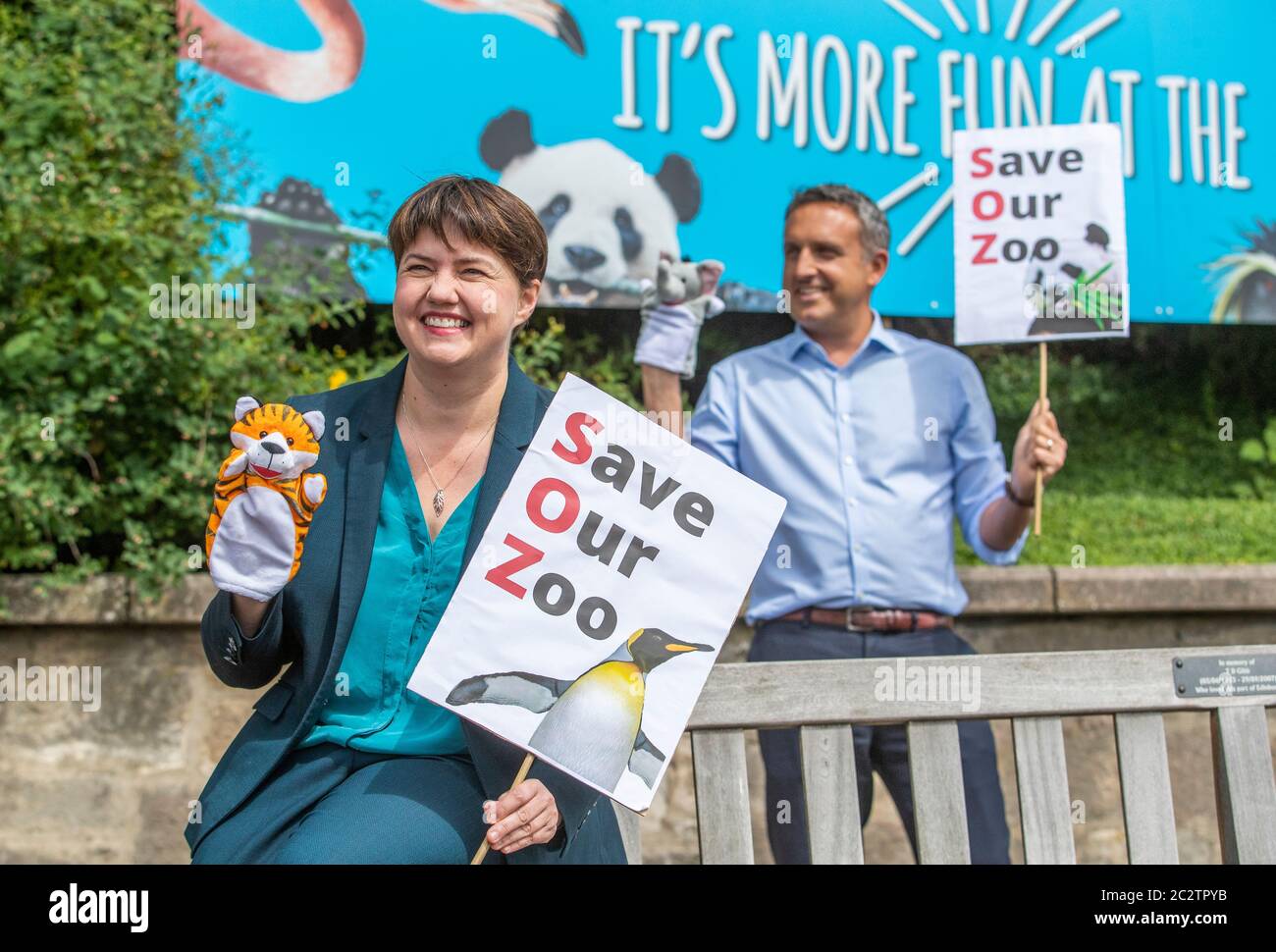 Edinburgh MSPs (left to right) Ruth Davidson and Alex Cole-Hamilton, campaigning outside Edinburgh Zoo for its safe reopening as part of the phase 2 easing of lockdown restrictions. Stock Photo
