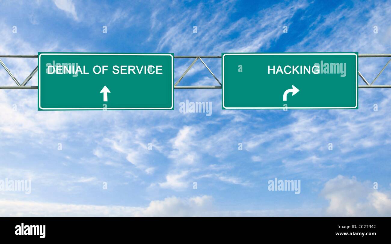 road signs to denial of service and hacking Stock Photo