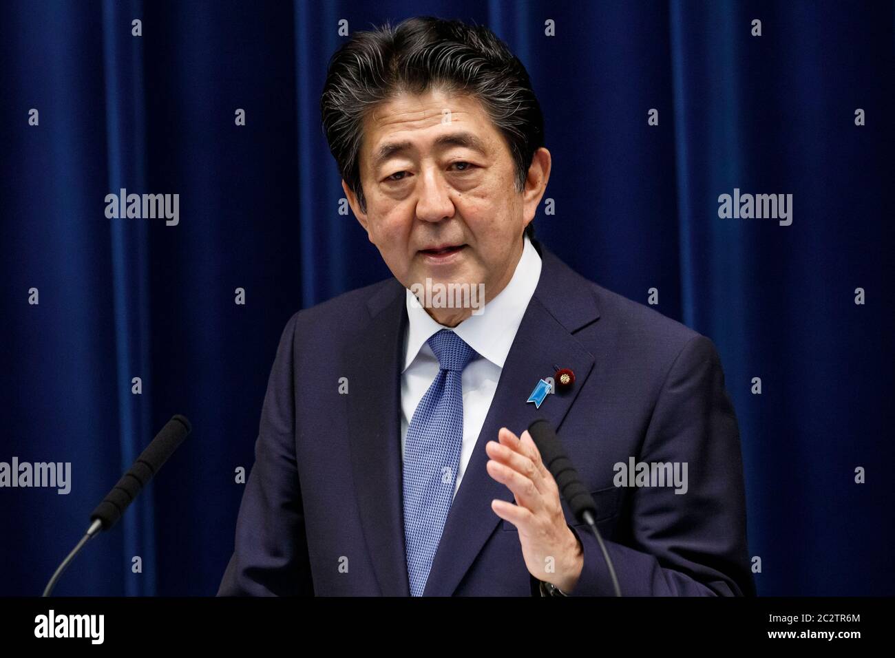 Tokyo, Japan. 18th June, 2020. Japan's Prime Minister Shinzo Abe speaks during a press conference at the prime minister's official residence. Credit: Rodrigo Reyes Marin/ZUMA Wire/Alamy Live News Stock Photo