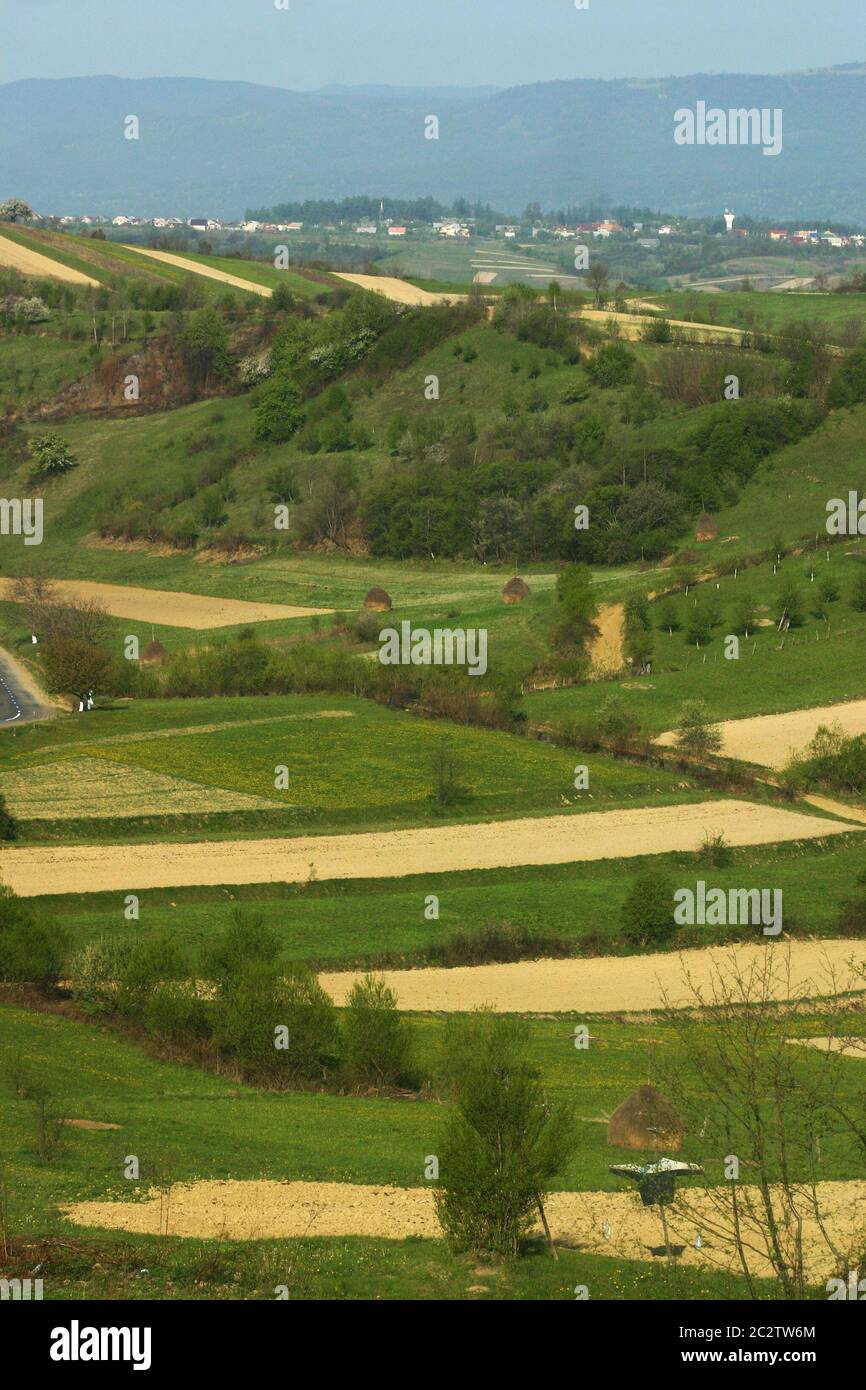 Spring landscape in Maramures, Romania, with parceled farmland Stock Photo