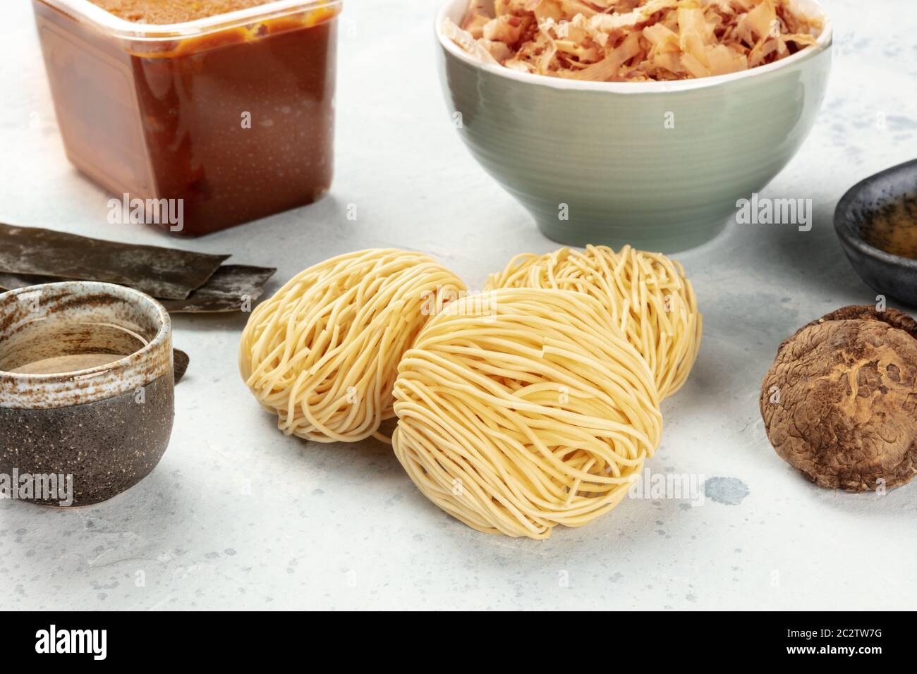 Ramen ingredients. Dried sea vegetable kelp, soba noodles, dashi, tuna flakes, shiitake
