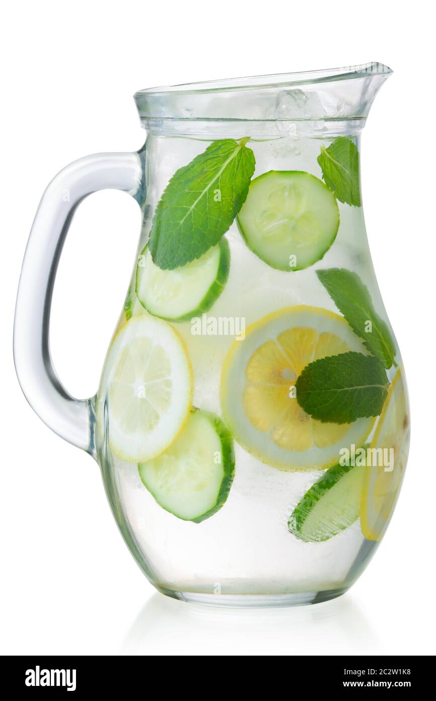 Pitcher of iced detox Sassy water with lemon, isolated Stock Photo
