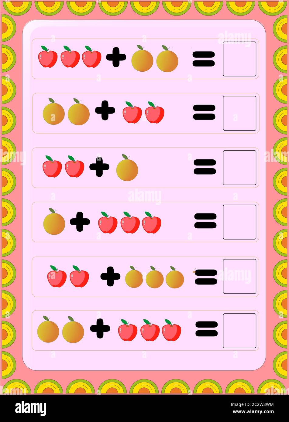 Preschool and toddler math with red apple and orange design Stock ...