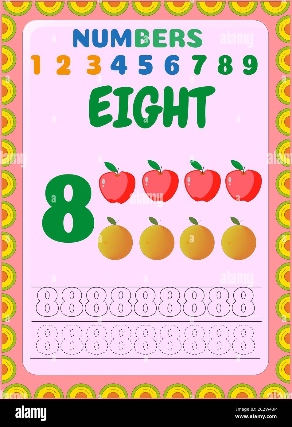 Preschool and toddler math with red apple and orange design Stock ...