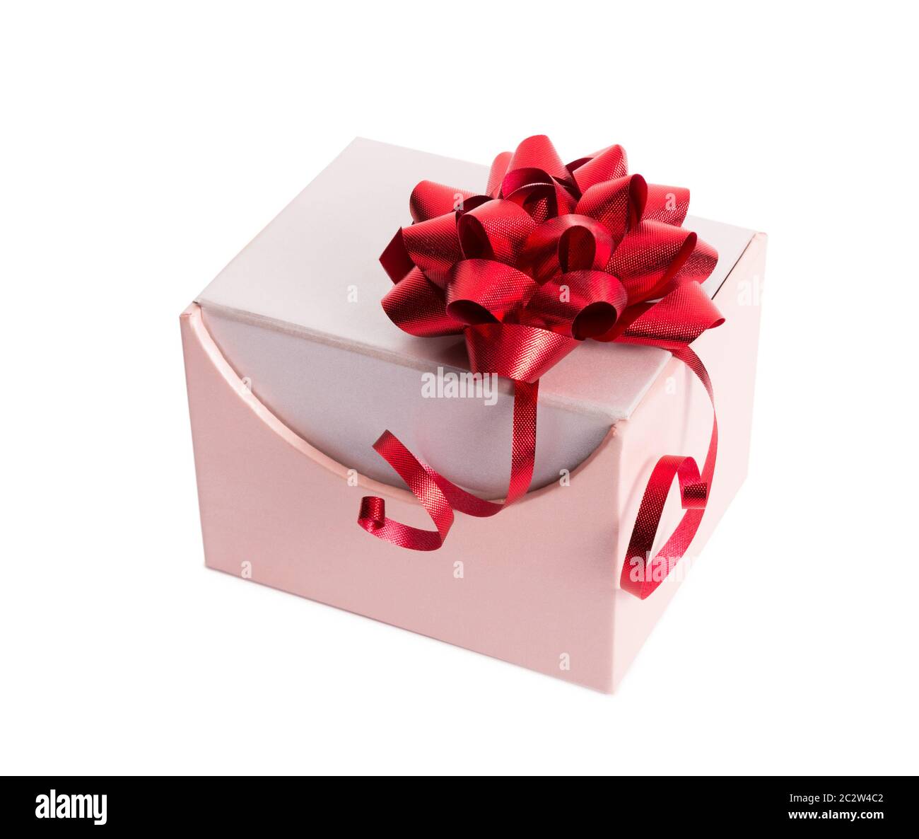Pink gift box with red ribbon and bow on white Stock Photo - Alamy