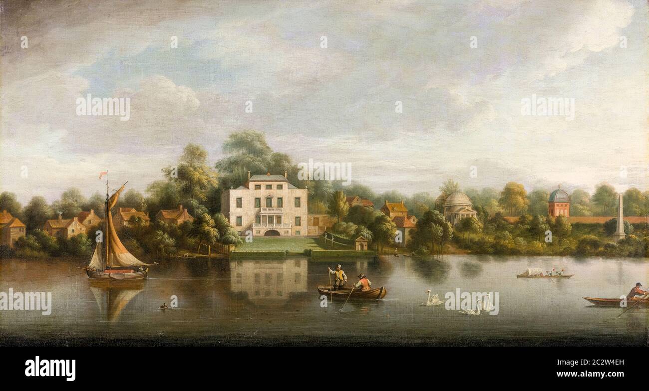 Alexander Pope's Villa, Twickenham, landscape painting by Joseph Nickolls, after, Augustin Heckel, circa 1755 Stock Photo