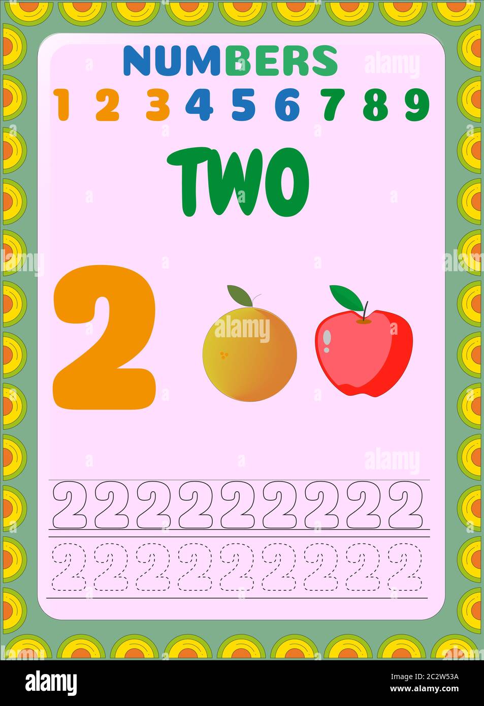Preschool and toddler math with red apple and orange design Stock ...