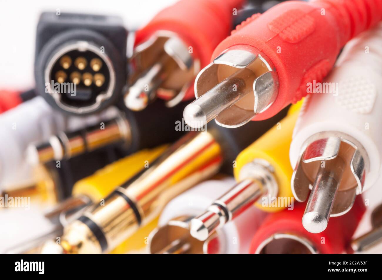 Closeup of set of many audio and video cables Stock Photo