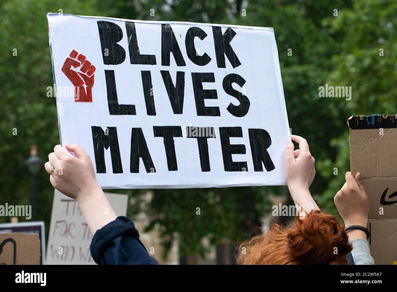 End Racism Protest Anti-racism campaigner with sign, at the Black Lives Matter ...