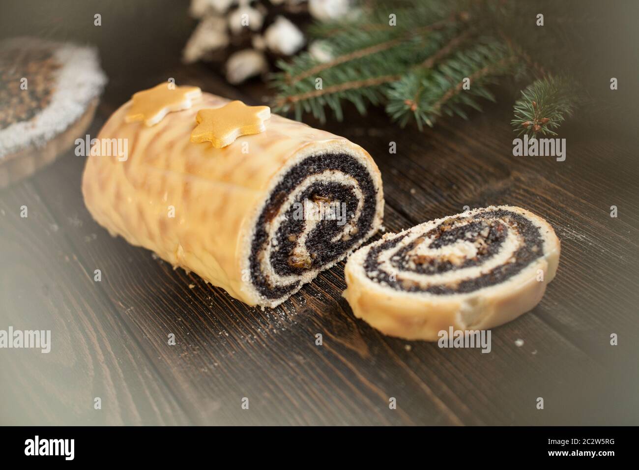 Christmas pastries. Christmas cake. Sweets in Christmas scenery Stock