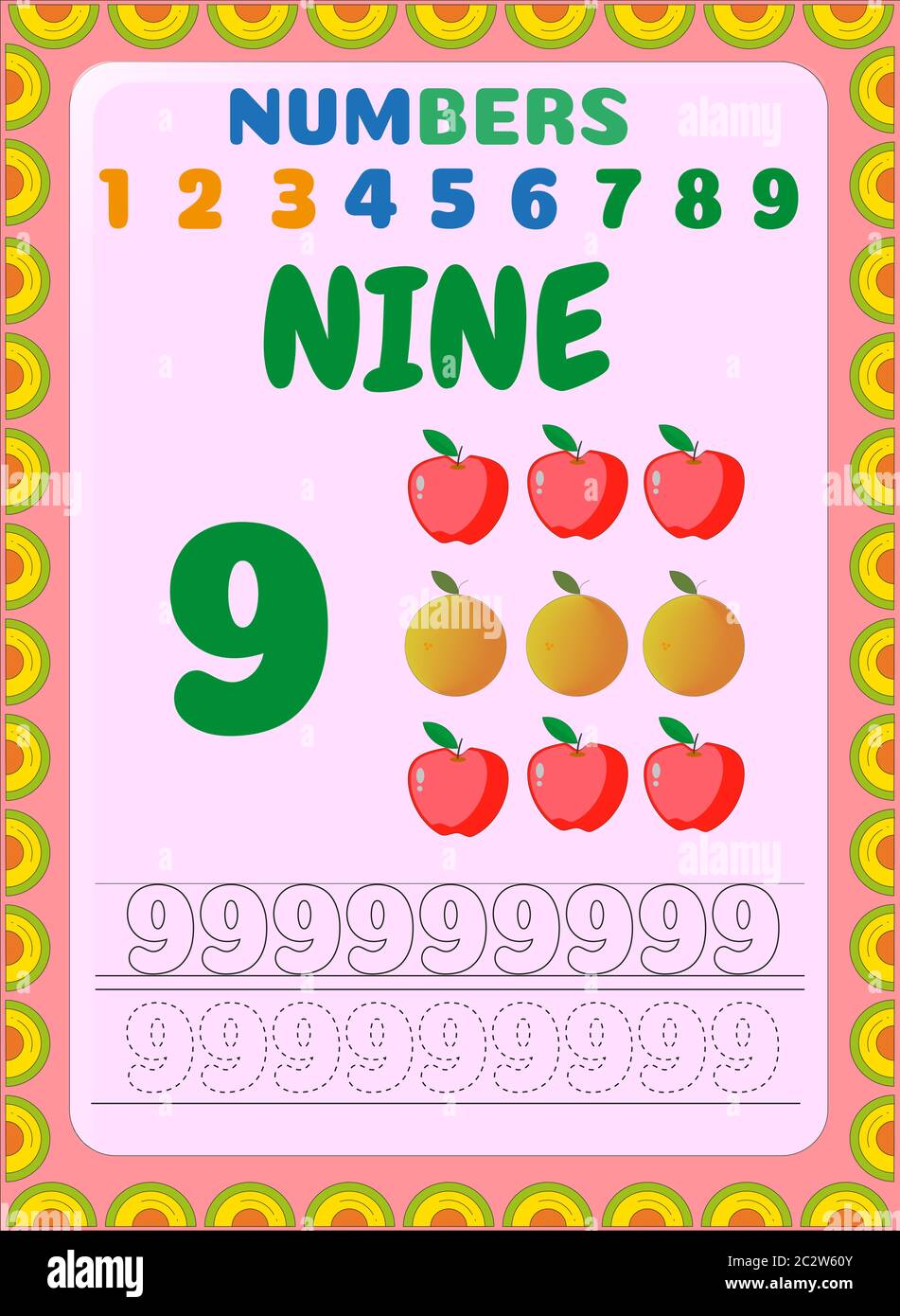 Preschool and toddler math with red apple and orange design Stock ...