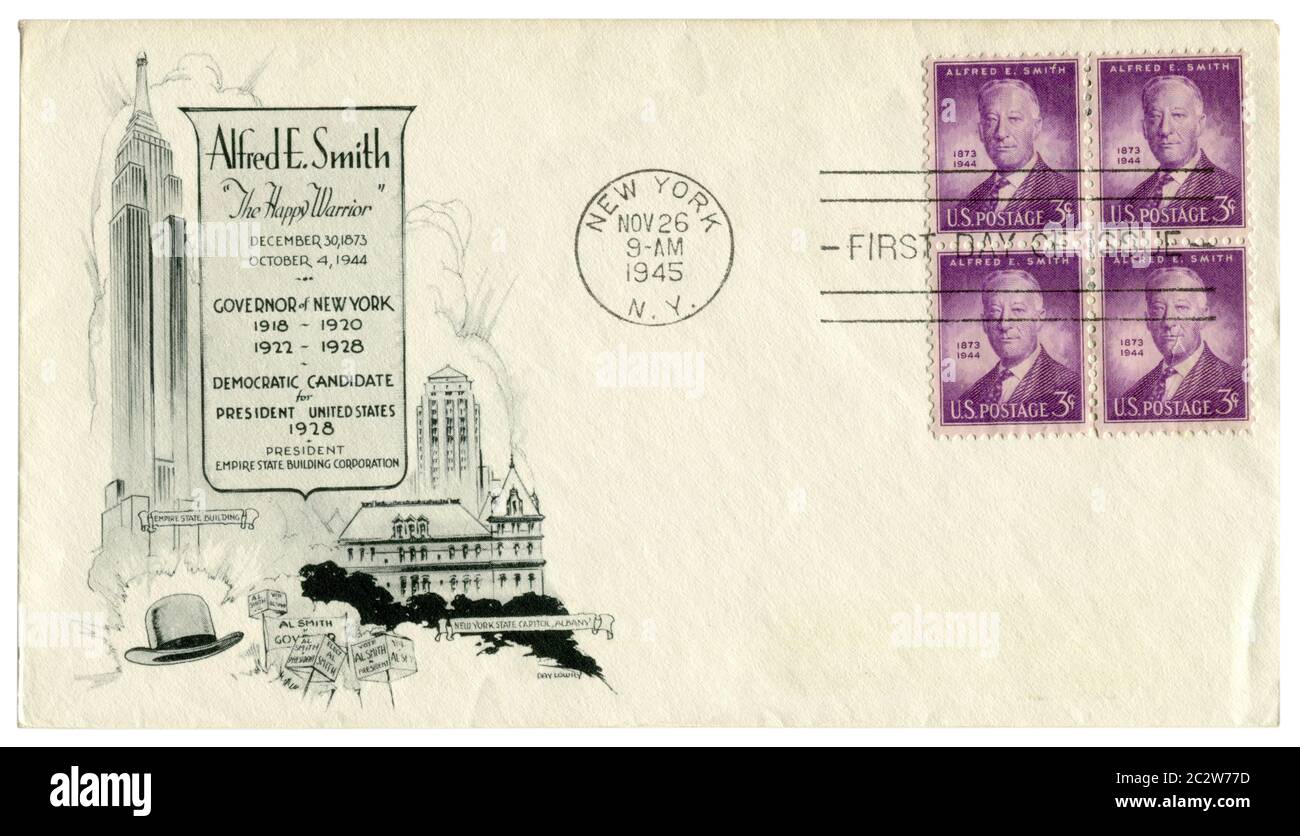 New York, NY, The USA, 26 November 1945: US historical envelope: cover with a cachet Alfred Emanuel Smith 1873-1944, 42nd Governor of New York Stock Photo