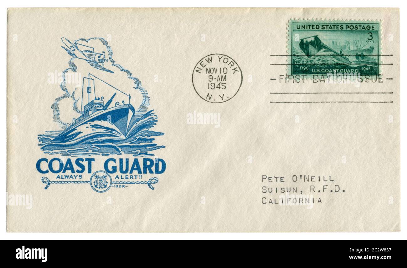 New York, NY, The USA, 10 November 1945: US historical envelope: cover with a patriotic cachet coast guard, always alert, patrol boat and aircraft Stock Photo