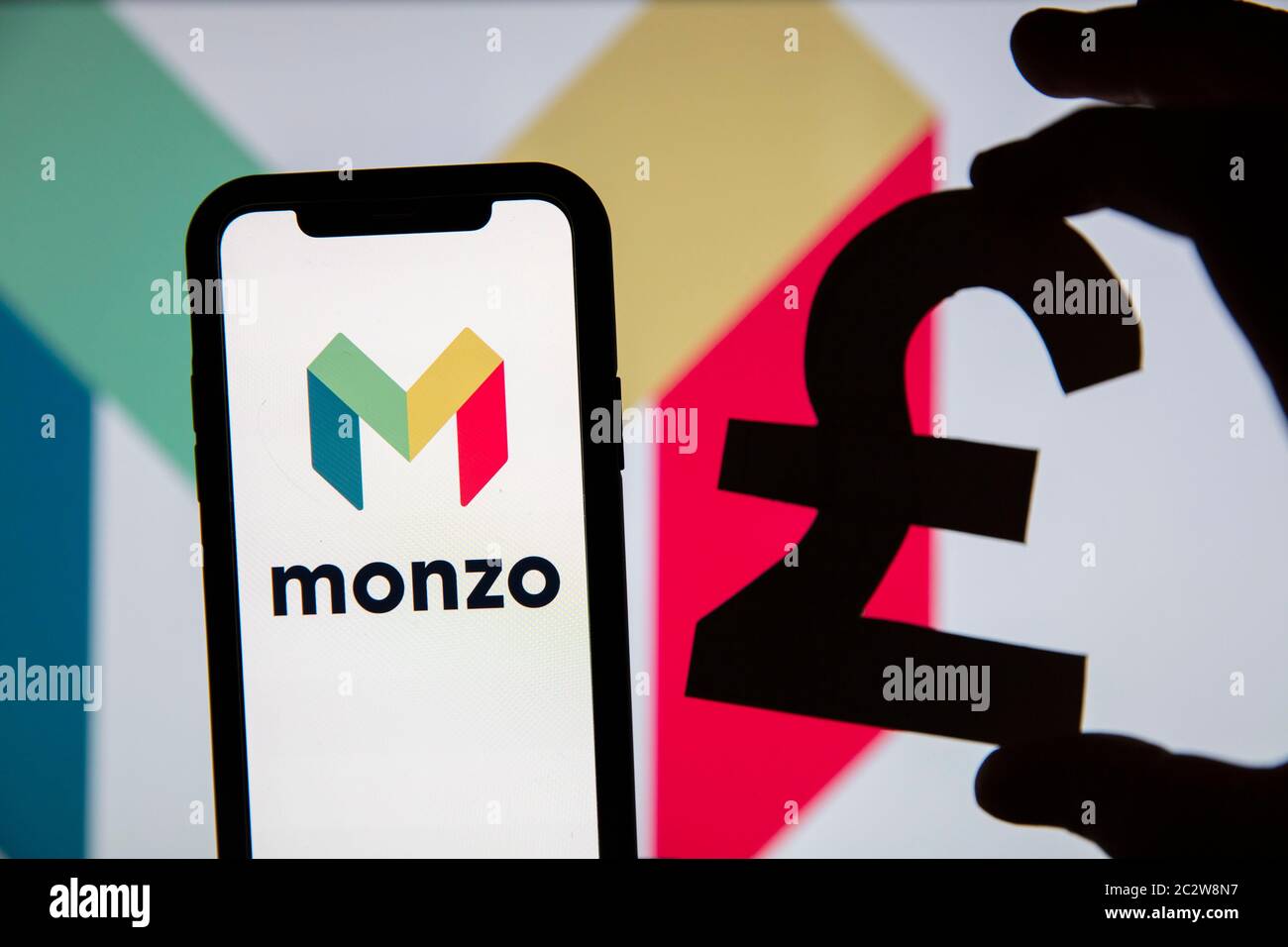 LONDON, UK June 2020 Monzo online banking logo with Pound currency