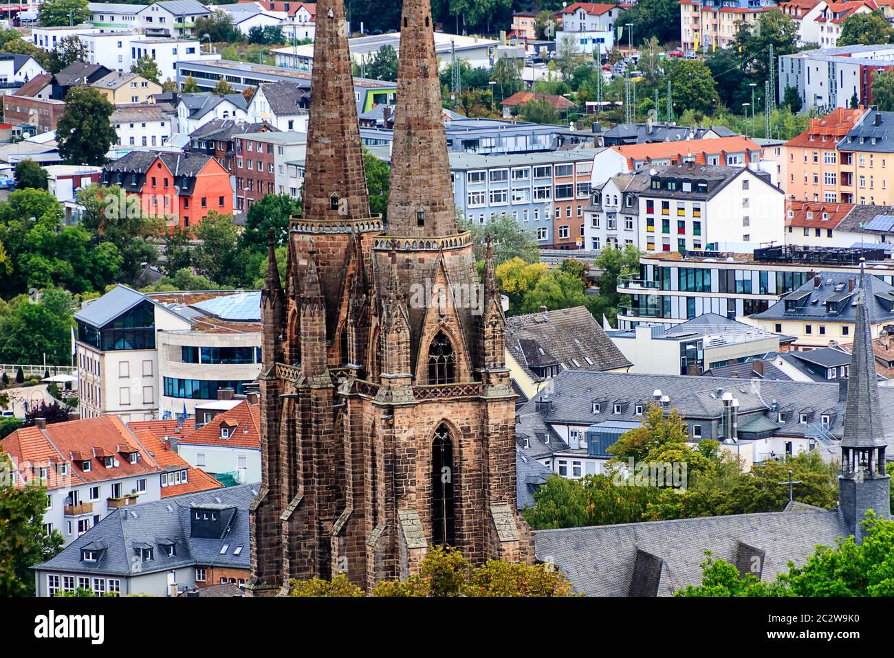 Panoramic view of university town Marburg with the Church of St. Elisabeth, Germany Stock Photo