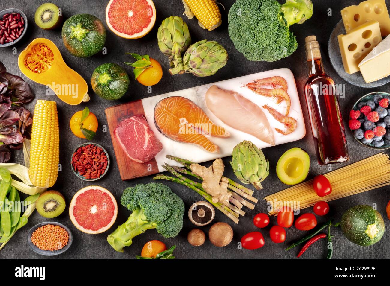 Food. Meat, fish, chicken and shrimps, vegetables and fruits, legumes