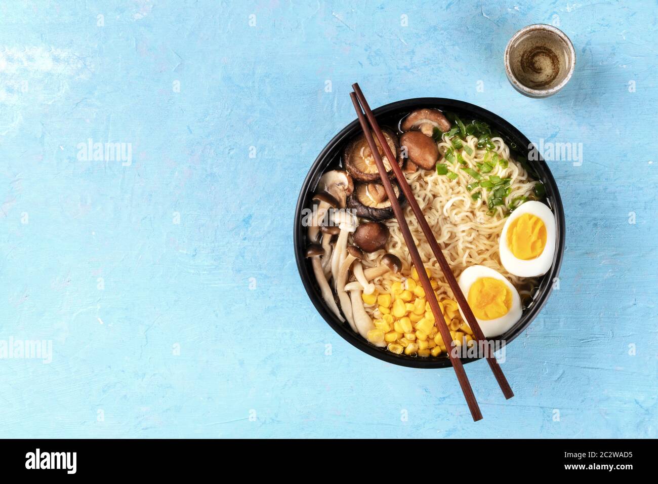 Ramen. Soba noodles with an egg, shiitake and enoki mushrooms, corn and