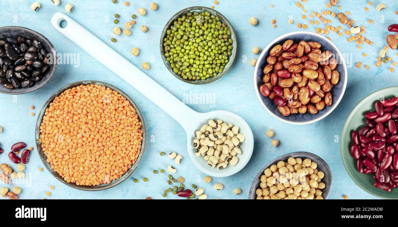 Legumes panoramic flat lay shot. Vibrant pulses, shot from the top