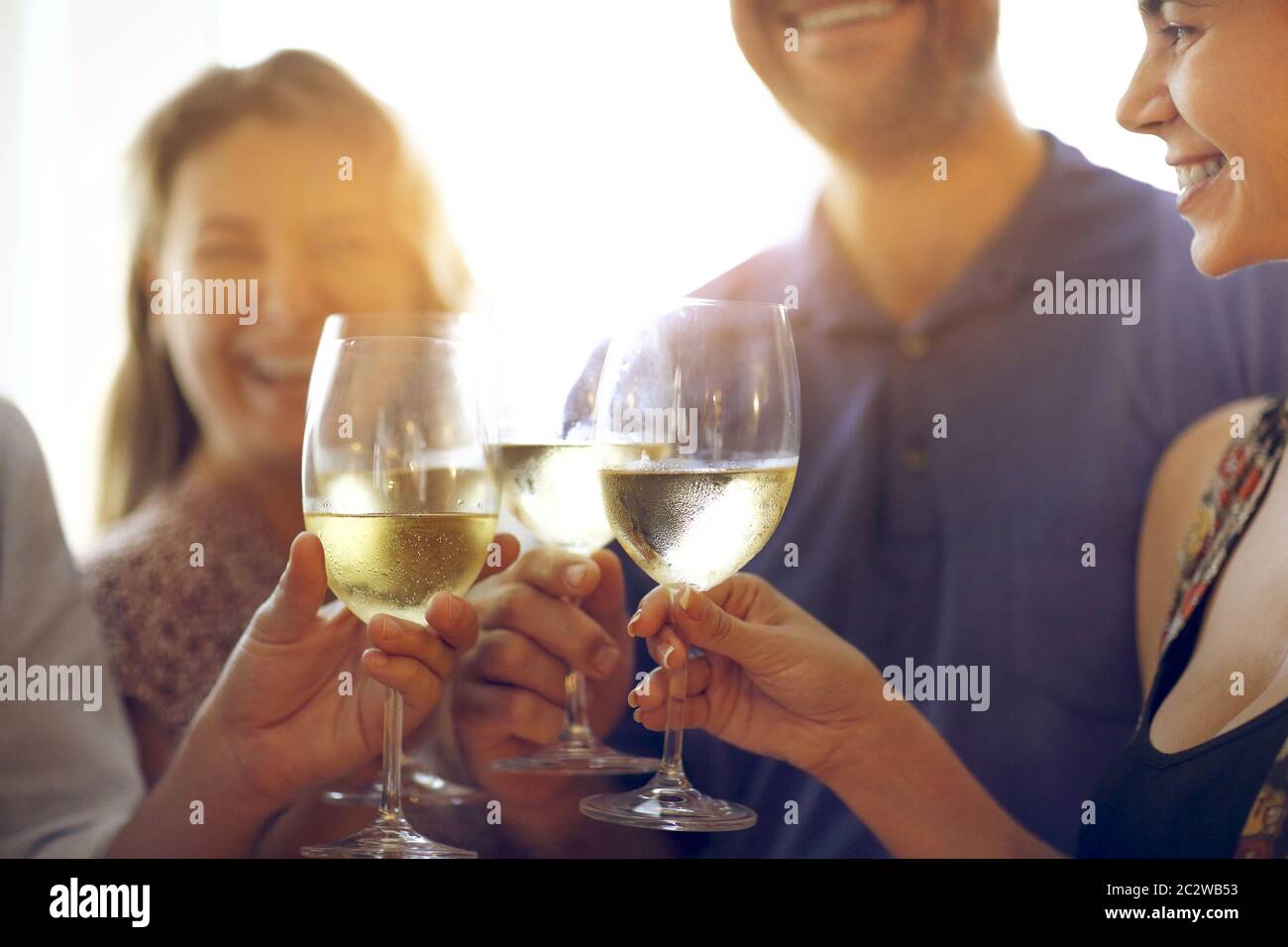 Hands of a group of people cheering with white wine Stock Photo