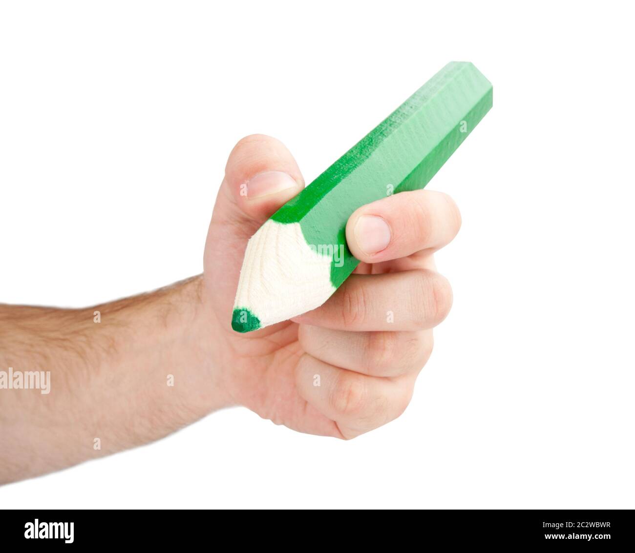 Hand with giant pencil. Isolated on white Stock Photo