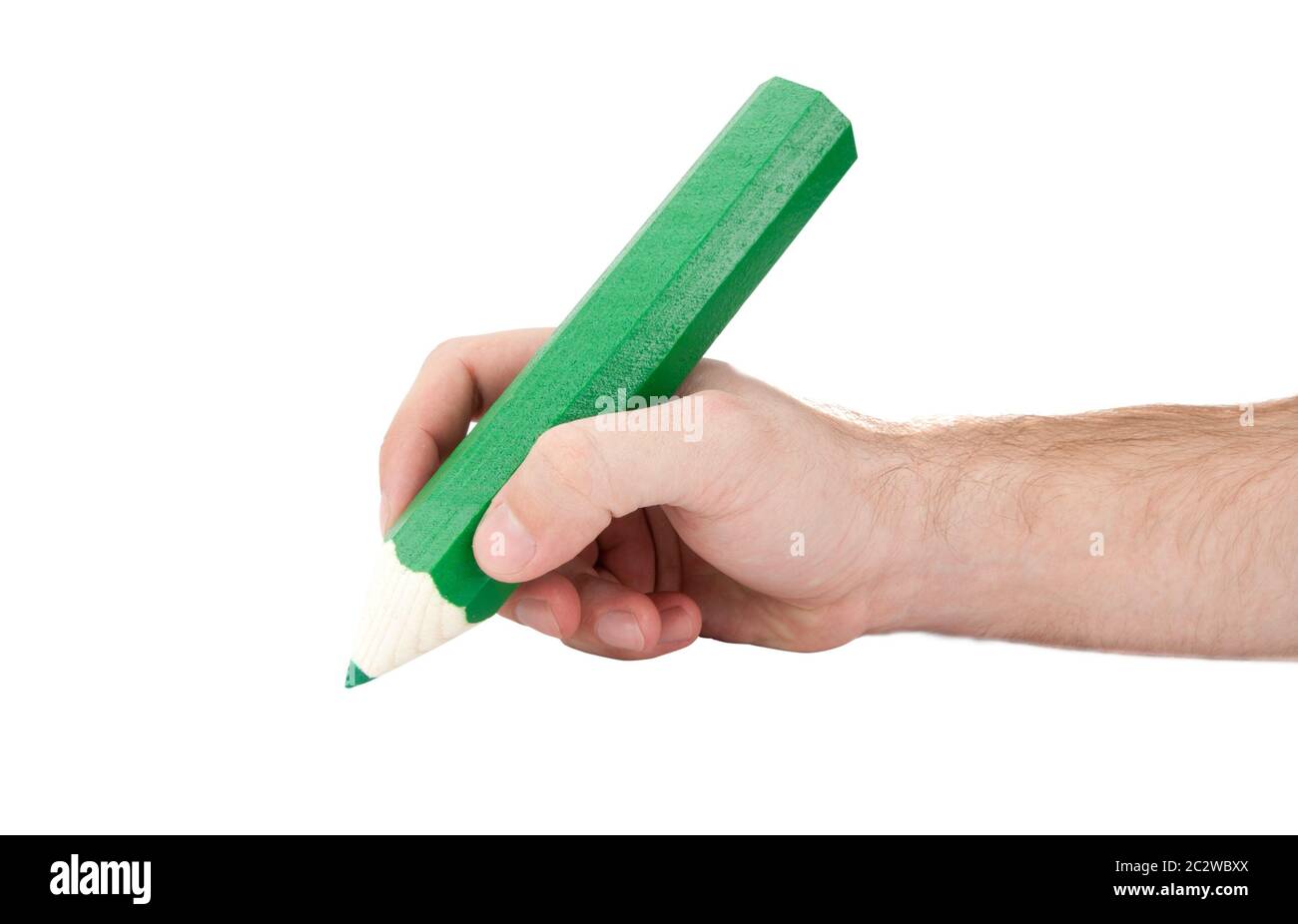 Hand with giant pencil. Isolated on white Stock Photo