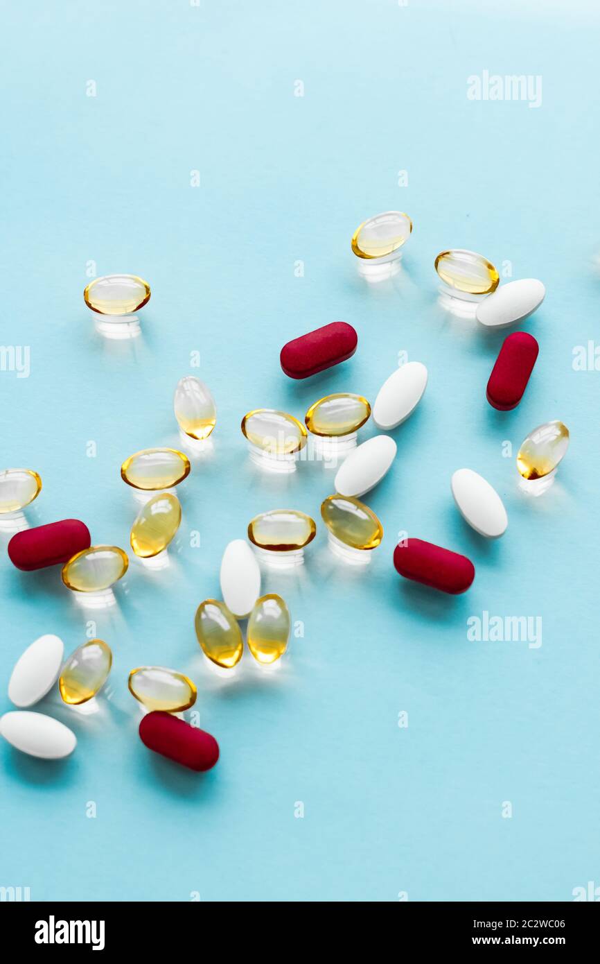 Pills and capsules for diet nutrition, anti-aging beauty supplements, probiotic drugs, pill vitamins as medicine and healthcare Stock Photo