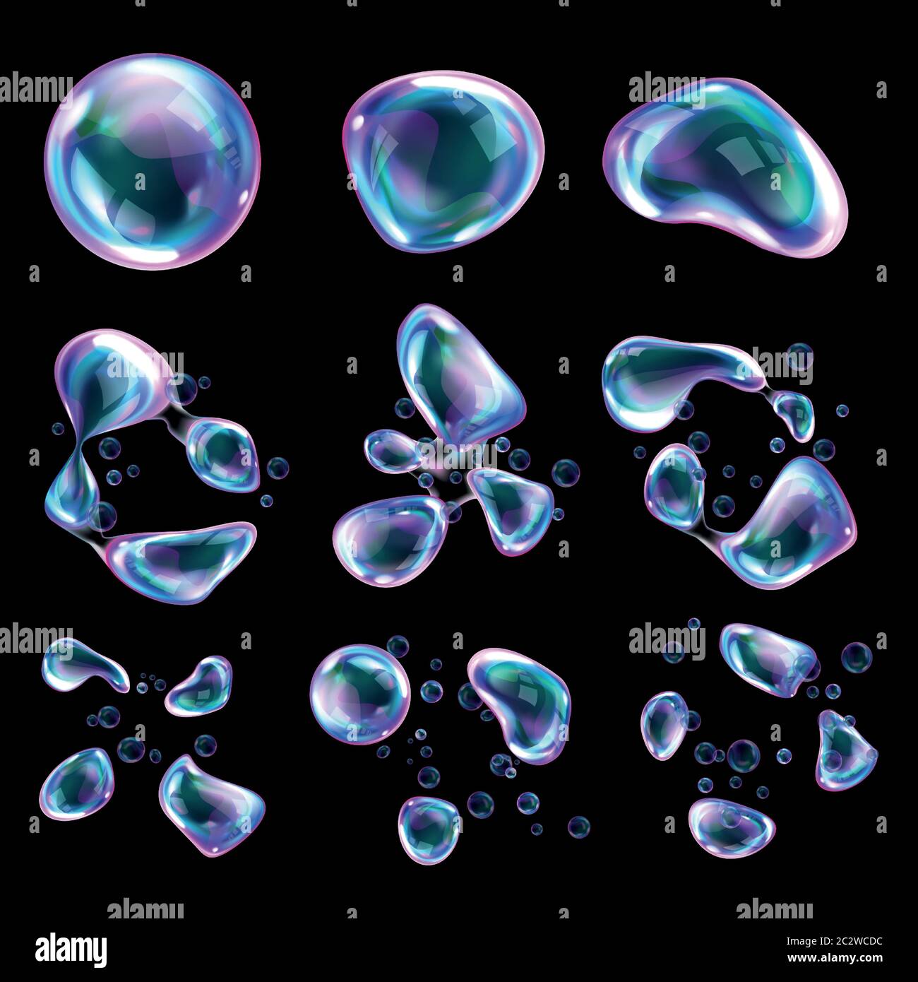 Bursting soap bubbles process stages, realistic transparent air spheres of rainbow colors with reflections and highlights deform and explode from blow Stock Vector