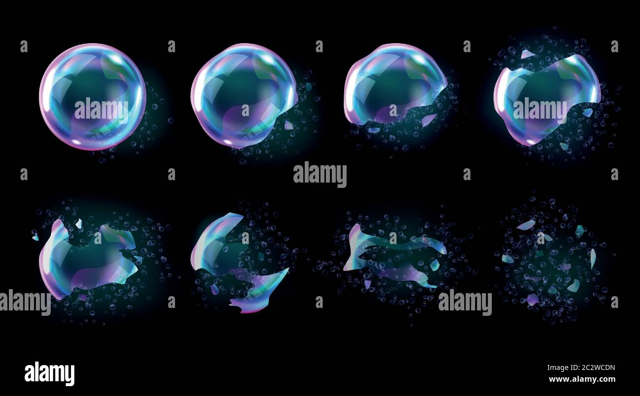 Bursting soap bubbles process stages, realistic transparent exploding air spheres of rainbow colors with reflections and highlights, isolated on check Stock Vector