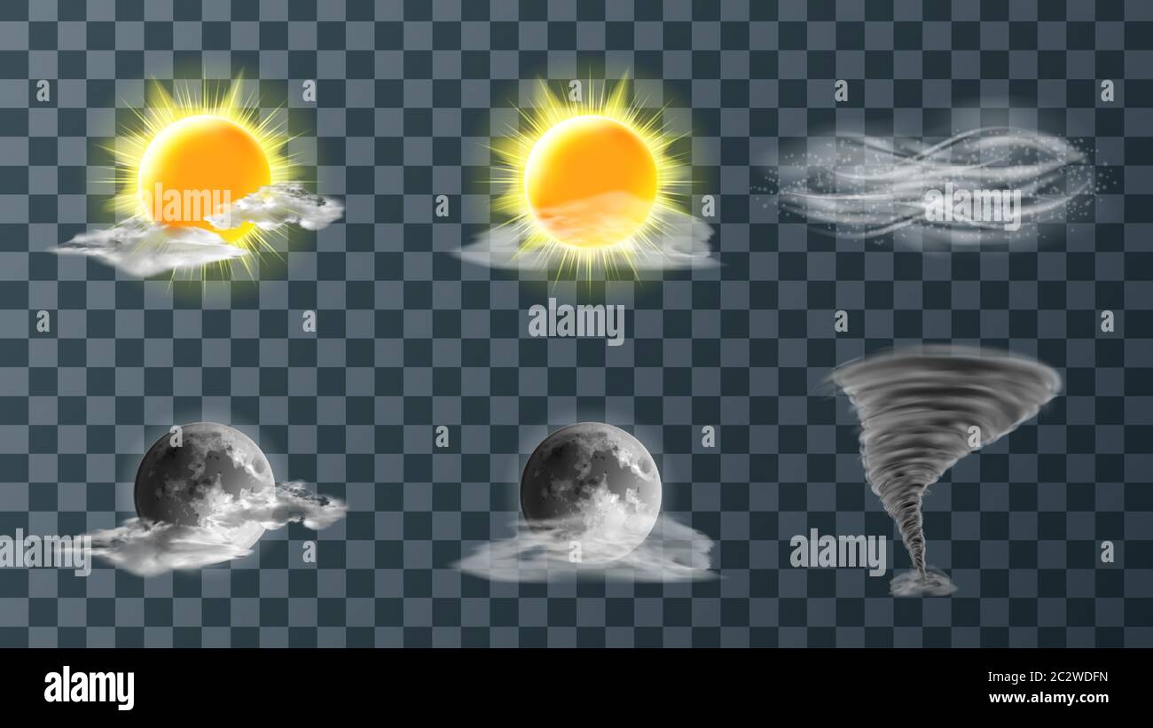 Weather meteo icons realistic set vector illustration. Realistic elements for weather forecast, sun, moon, clouds, hurricane or strong wind, tornado f Stock Vector
