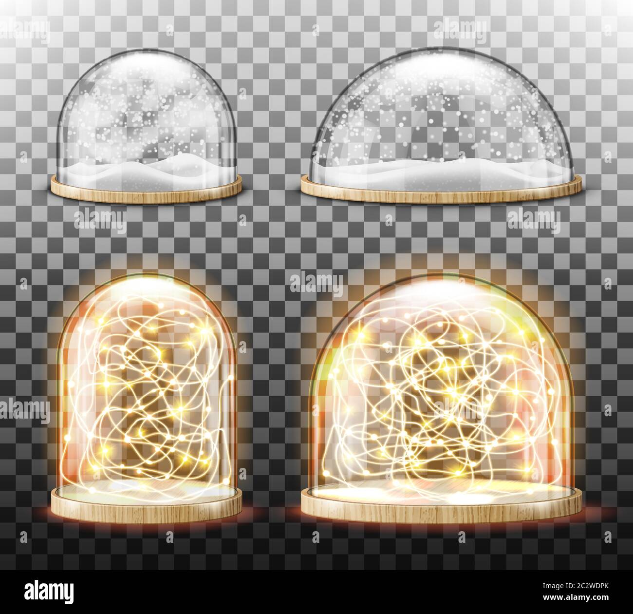 Glass dome with snow and light garland realistic vector. Glass round dome with light wood plate and white falling snowflakes, isolated on transparent Stock Vector