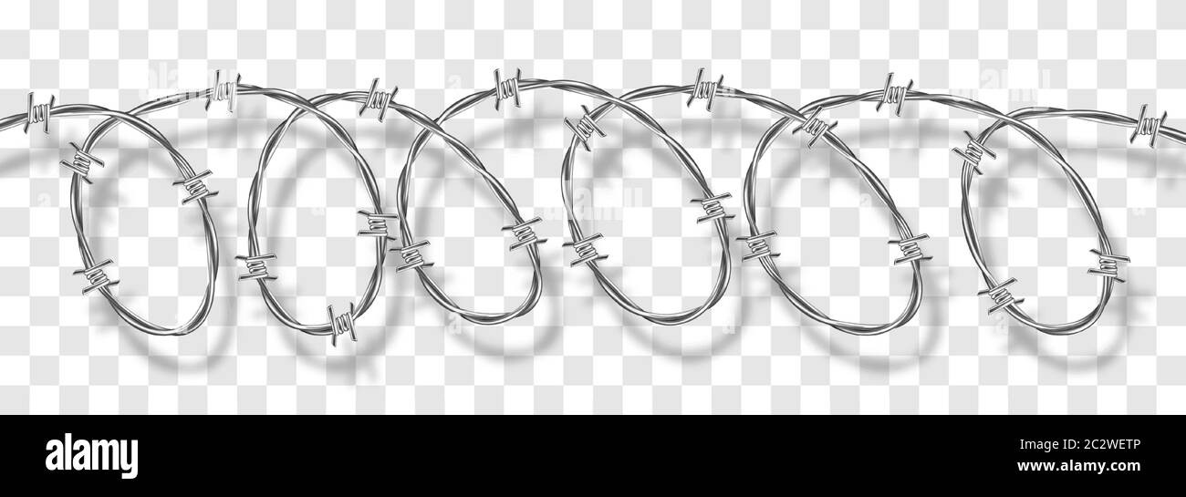 Metal steel barbed spiral wire with thorns or spikes realistic vector illustration isolated on transparent background with shadow. Fencing or barrier Stock Vector