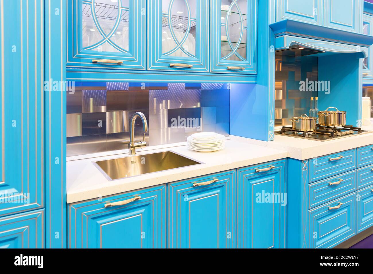 Wood blue modern kitchen interior design Stock Photo - Alamy