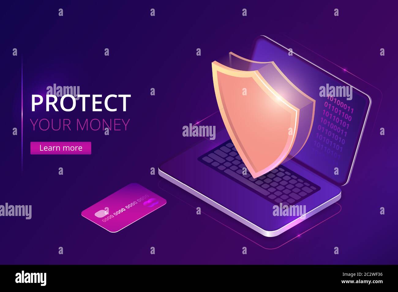 Protecting your money concept, online banking security guarantee, isometric vector. Bank credit card and open laptop, golden shield guards personal in Stock Vector