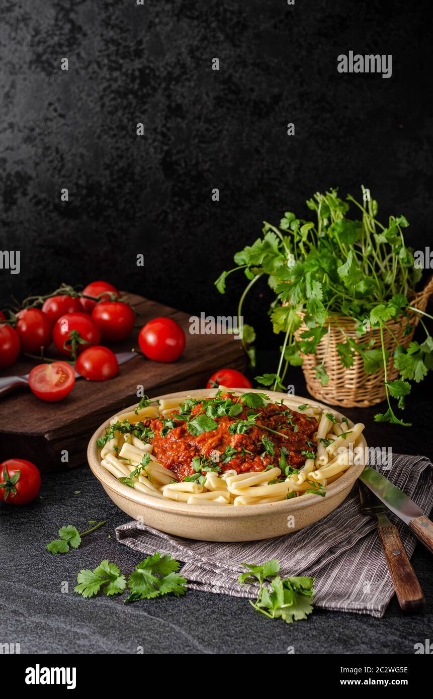 Delicious pasta with bolognese sauce with beef meat Stock Photo Alamy