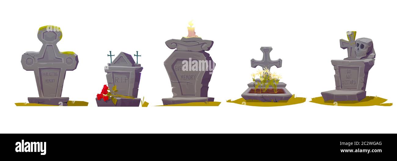 Tombstone with RIP inscription, old texture and green moss, cartoon vector. Gravestones with crosses, burning candles, flowers and a human skull, hall Stock Vector