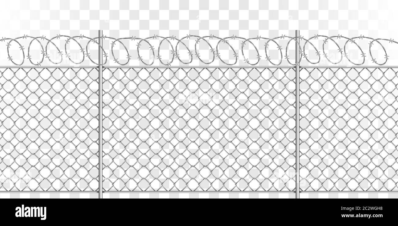 Metal mesh fence with steel spiral barbed wire with spikes, realistic vector illustration on transparent background. Fencing or barrier with doodle el Stock Vector