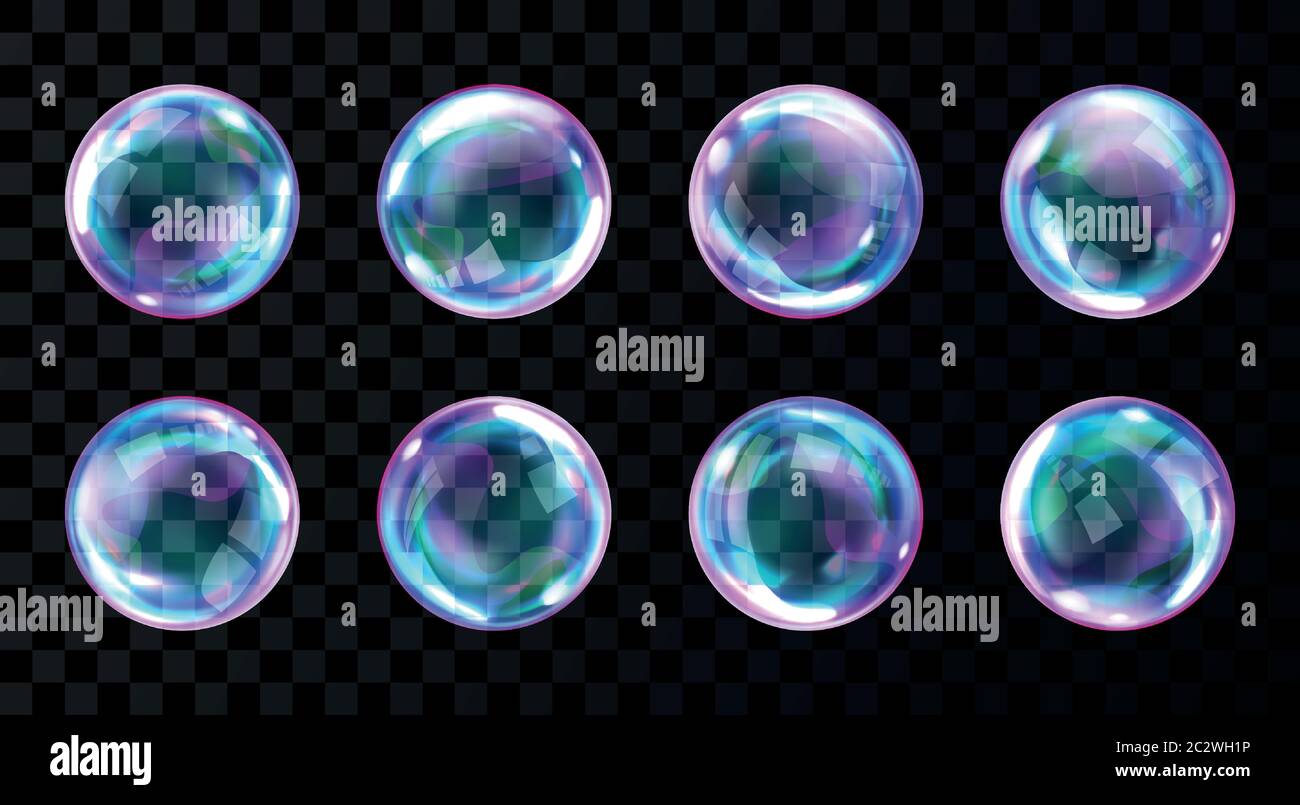 Soap bubbles, realistic transparent air spheres of rainbow colors with reflections and highlights isolated on checkered background, set of vector illu Stock Vector