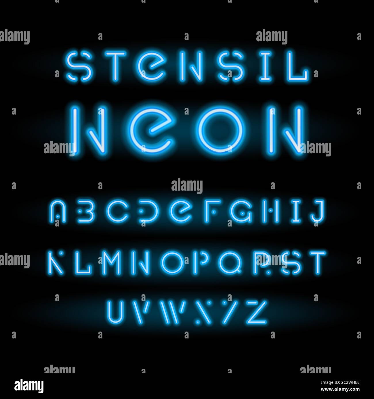 Stencil neon font or typeface, neon blue modular round alphabet ...