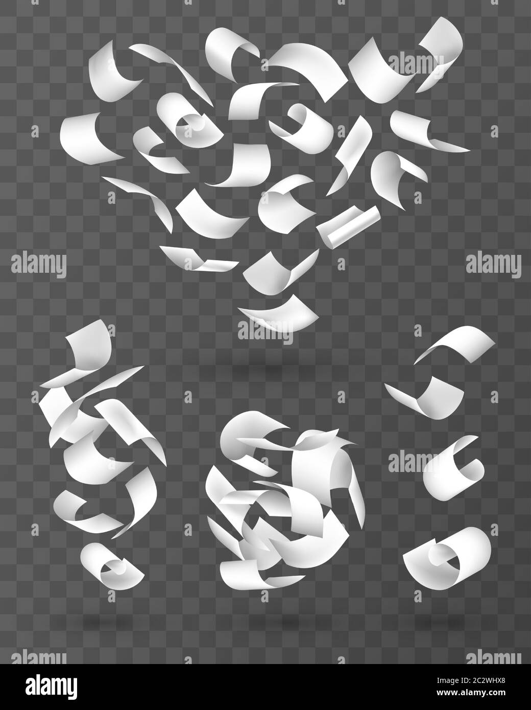 Fly papers set. Chaotic falling and flying empty white sheets groups, scattered notes with curved pages corners, document mockup isolated on transpare Stock Vector