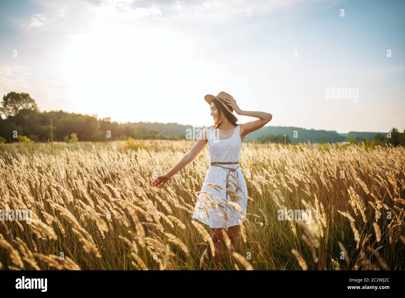 Cute woman in white dress and straw hat harvests wheat in the field ...