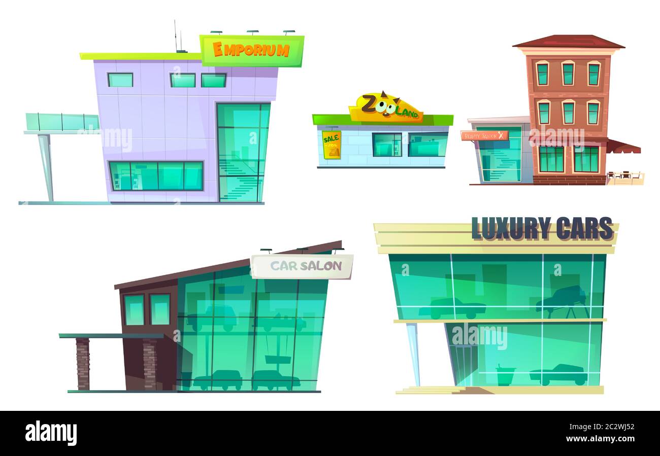 Urban retro building cartoon vector set illustration. Old and modern shopping mall, residential buildings with restaurant cafe and beauty salon, car d Stock Vector