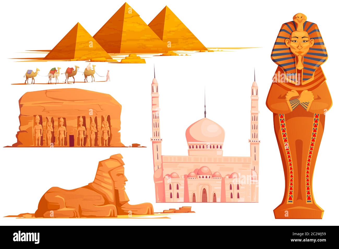 Ancient Egypt vector cartoon set. Egyptian culture symbol collection and famous place, pharaoh sarcophagus, sphinx, religious temple building with sto Stock Vector