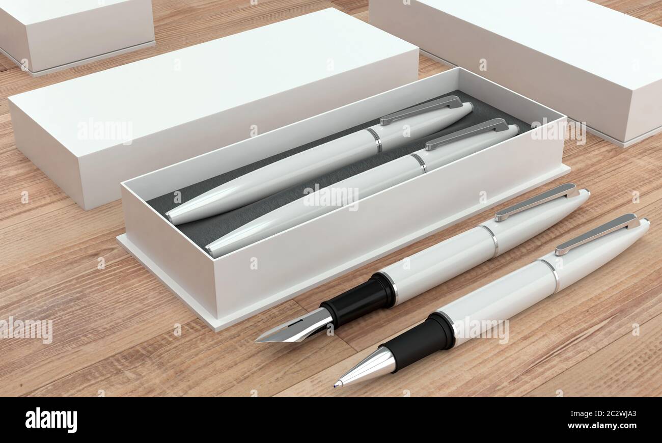 3d illustration render of a writing set. Ball pen and ink pen in a box ...