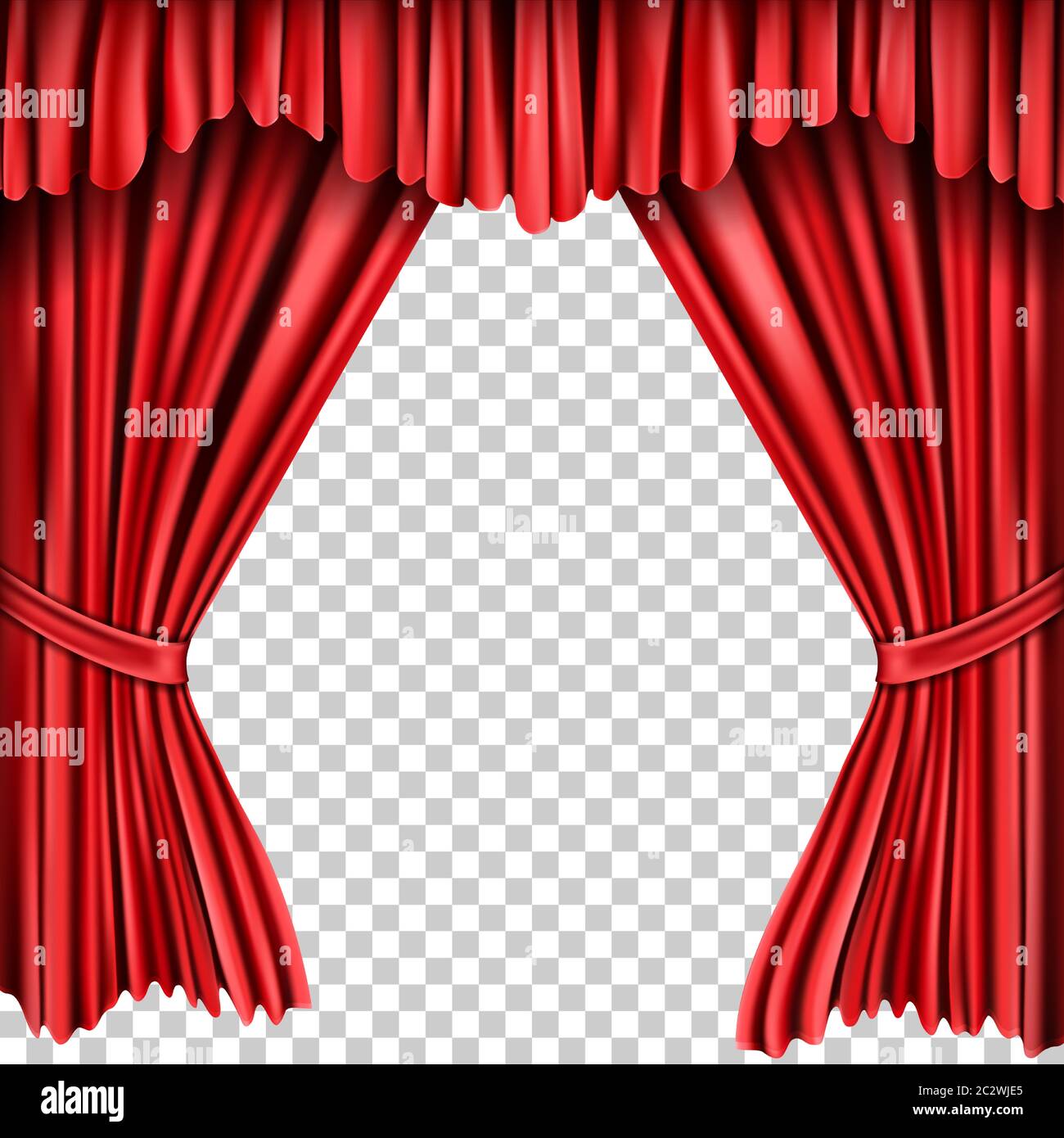 Open red silk fabric curtains, realistic vector illustration. Velvet drapery for theatrical stage, presentation or award ceremony, isolated on transpa Stock Vector