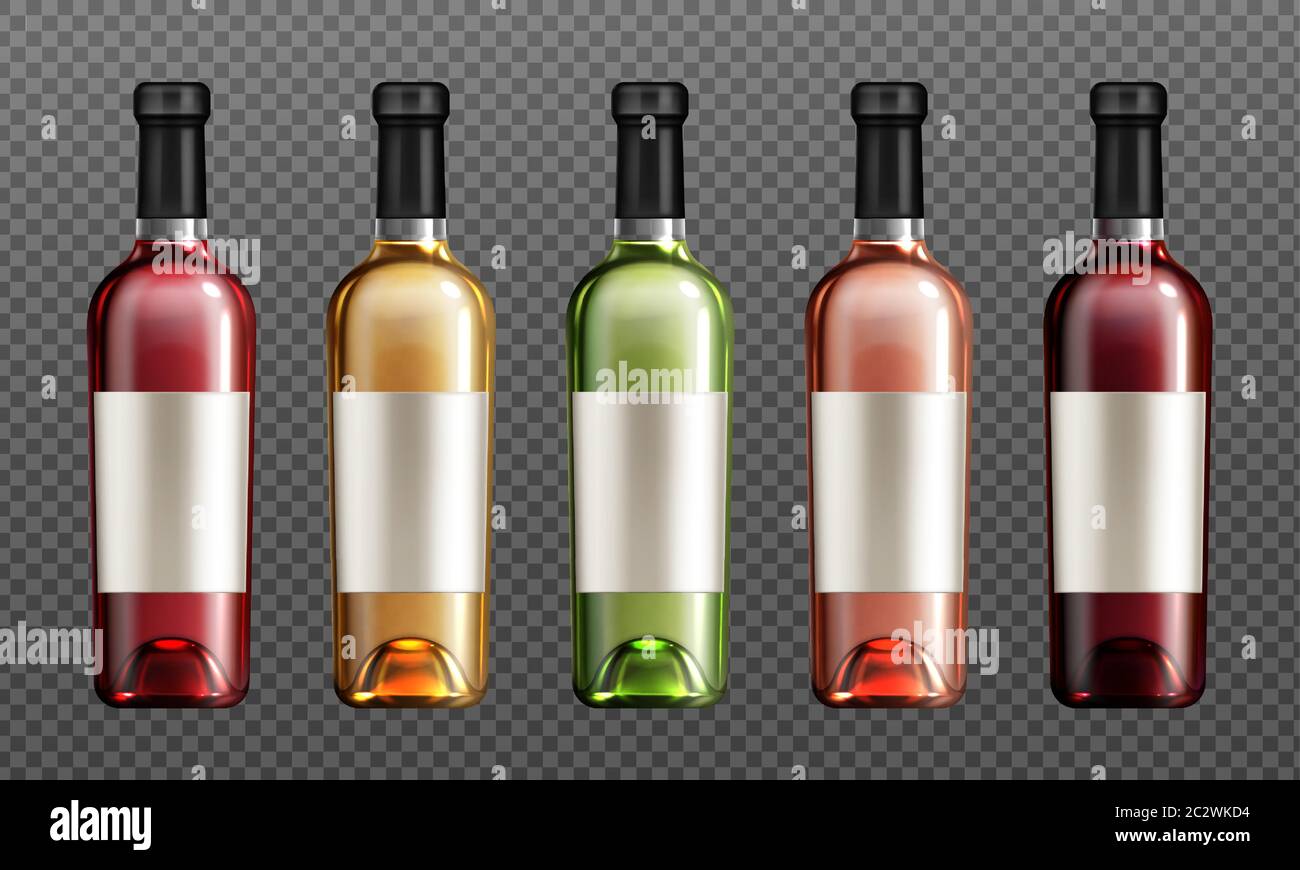 Download Wine Glass Bottles With Red Green Golden And Rose Liquid Realistic Vector Illustration Clear Winery Bottle For Alcohol Closed With Cork And Blank Stock Vector Image Art Alamy