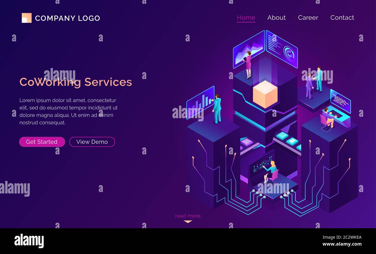 Coworking service isometric concept vector. Modern coworking office with workspaces and employee, large server with connections and conveyor belt with Stock Vector