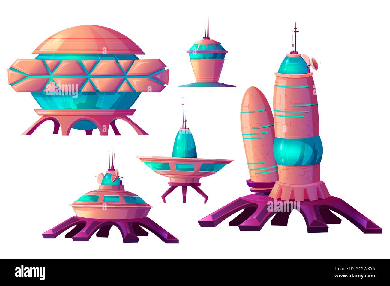 Space colonization cartoon vector set illustrations. Spaceships and rocket or shuttle for universe exploration, cosmic base and elements of alien sett Stock Vector