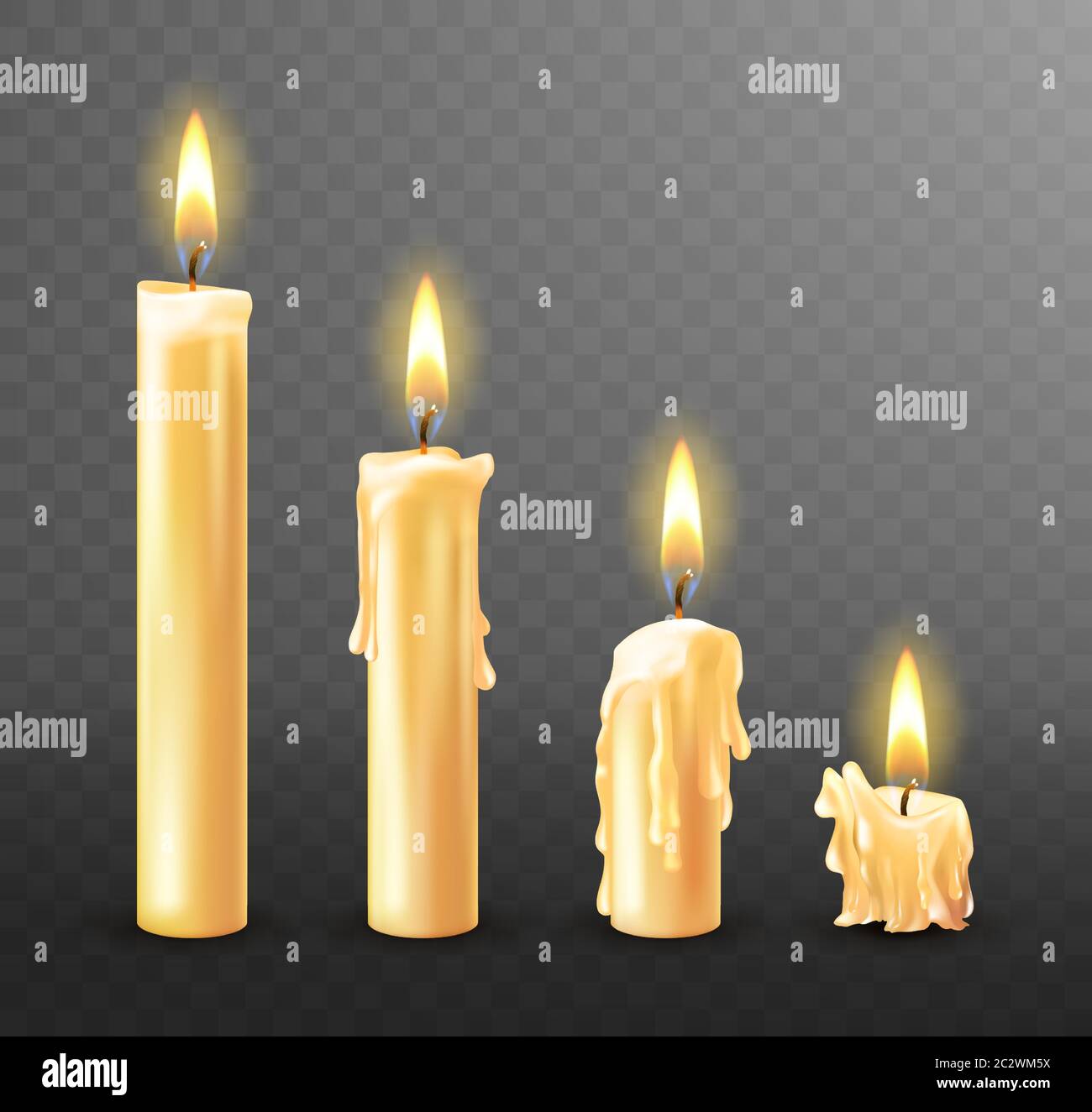 Burning candle with dripping or flowing wax, realistic vector illustration.  White candles with golden flame lit and melted wax isolated on transparent  Stock Vector Image & Art - Alamy