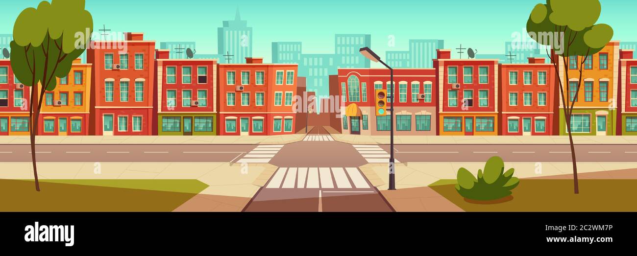 Urban Street Landscape With Crossroad And Traffic Light Buildings With Small Shops Cafes And Restaurants Cartoon Vector Background Town Poster With Stock Vector Image Art Alamy
